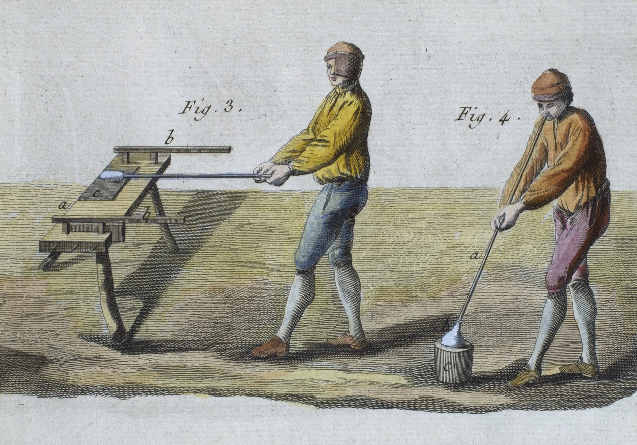Dmuchanie szkła, detal, ilustracja z Encyclopedie des Sciences et Metiers autorstwa Denisa Diderota (1713-84) rytowana przez Roberta Benarda (fl.1734) wydana ok. 1770 (kolorowa grawerunek) (patrz także 326118) autorstwa French School