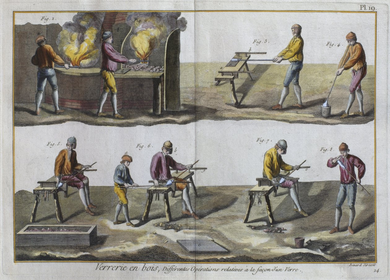 Dmuchanie szkła, ilustracja z Encyclopedie des Sciences et Metiers autorstwa Denisa Diderota (1713-84) rytowana przez Roberta Benarda (fl.1734) wydana ok. 1770 (kolorowa grawerunek) (patrz także 326119) autorstwa French School