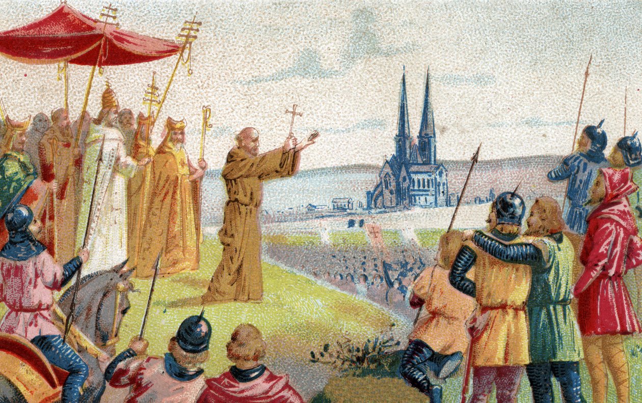 Bóg tego chce! Piotr Pustelnik głoszący krucjatę (1095 - 1099) Chromolitografia z końca XIX wieku. autorstwa French School