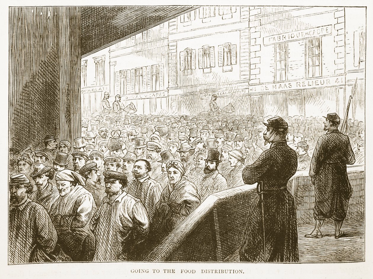 Idąc do dystrybucji żywności, ilustracja z Historii wojny Cassells między Francją a Niemcami, 1870-1871 autorstwa French School