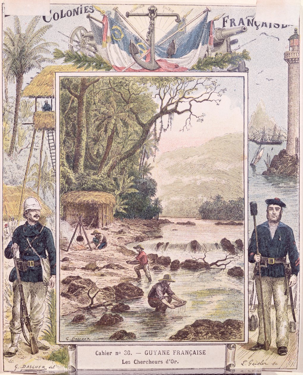 Poszukiwacze złota w Gujanie Francuskiej, okładka szkolnego zeszytu, ok.1880 autorstwa French School