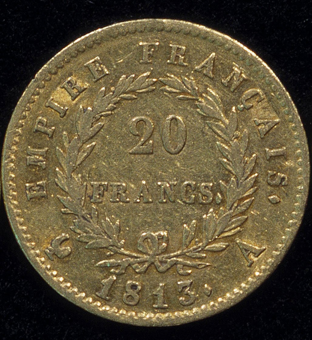Złota moneta 20 franków (Napoleon) z 1813 r. wstecz. autorstwa French School