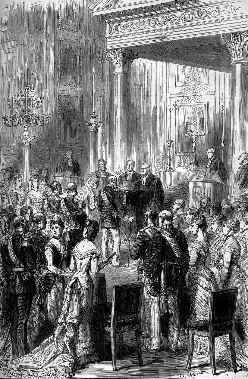 Złote wesele cesarza niemieckiego Wilhelma I (1797-1888) i Impress Augusta (1811-1890): Ceremonia religijna w kaplicy Pałacu Cesarskiego w Berlinie, czerwiec 1879. Grawer w „Le Monde Illustré” nr 1162 z lipca 5 autorstwa French School