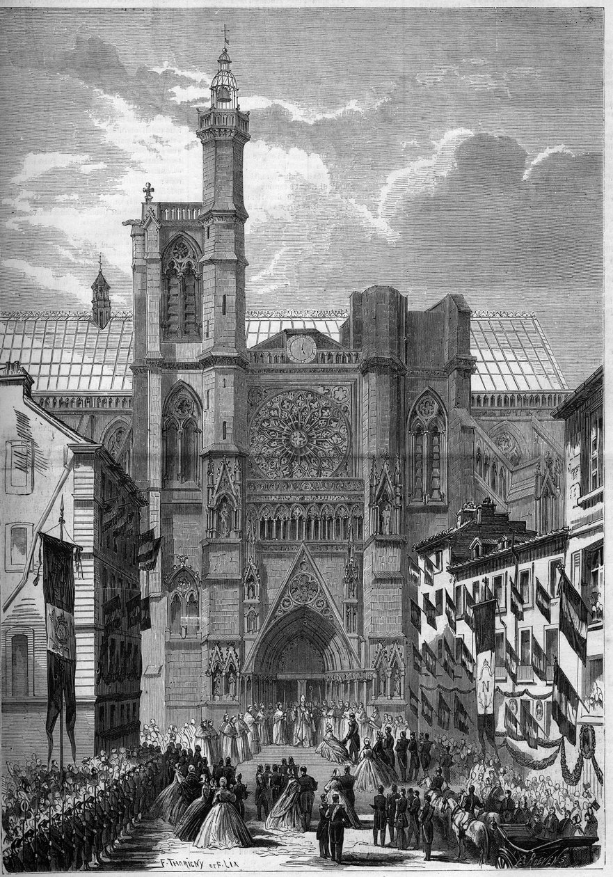 Architektura gotycka: widok na katedrę Notre Dame de Clermont Ferrand (Clermond-Ferrand), Puy de Dome (63), podczas wizyty Napoleona III i cesarza Eugenie de Montijo w 1862 r. Grawer w „Le Monde Illustré” n °275 z dnia 19 lipca 1862 r. autorstwa French School
