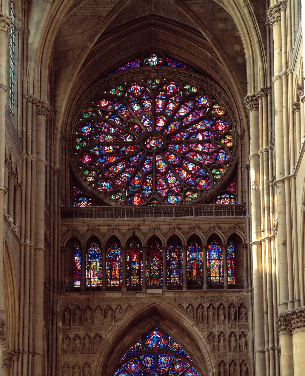 Architektura gotycka: widok na rozetę katedry Notre-Dame (Notre Dame) w Reims z XIII wieku. Reims, Marne autorstwa French School