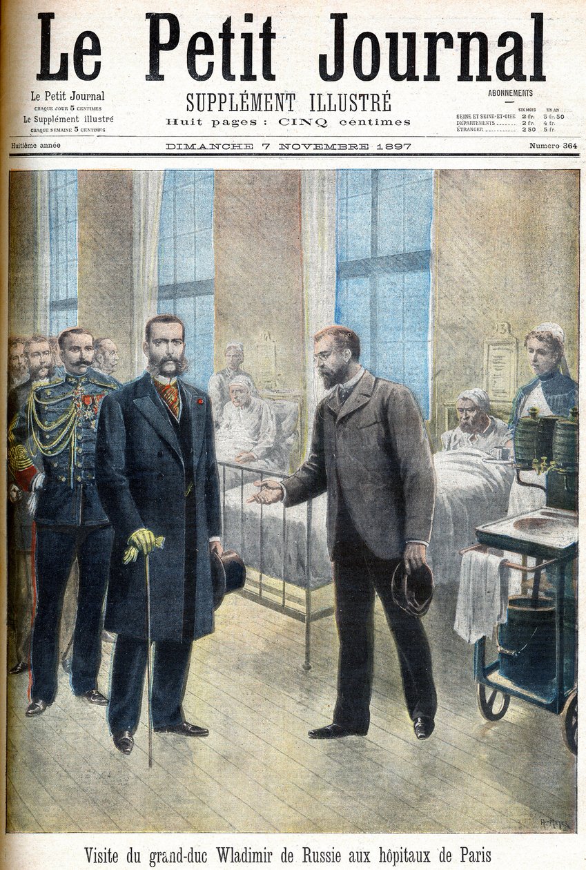 Wielki Książę Władimir Aleksandrowicz Rosji (Władimir Aleksandrowicz Rosji) odwiedzając paryskie szpitale - ilustracja dla Le Petit Journal, 7 listopada 1897 (rycina) autorstwa French School