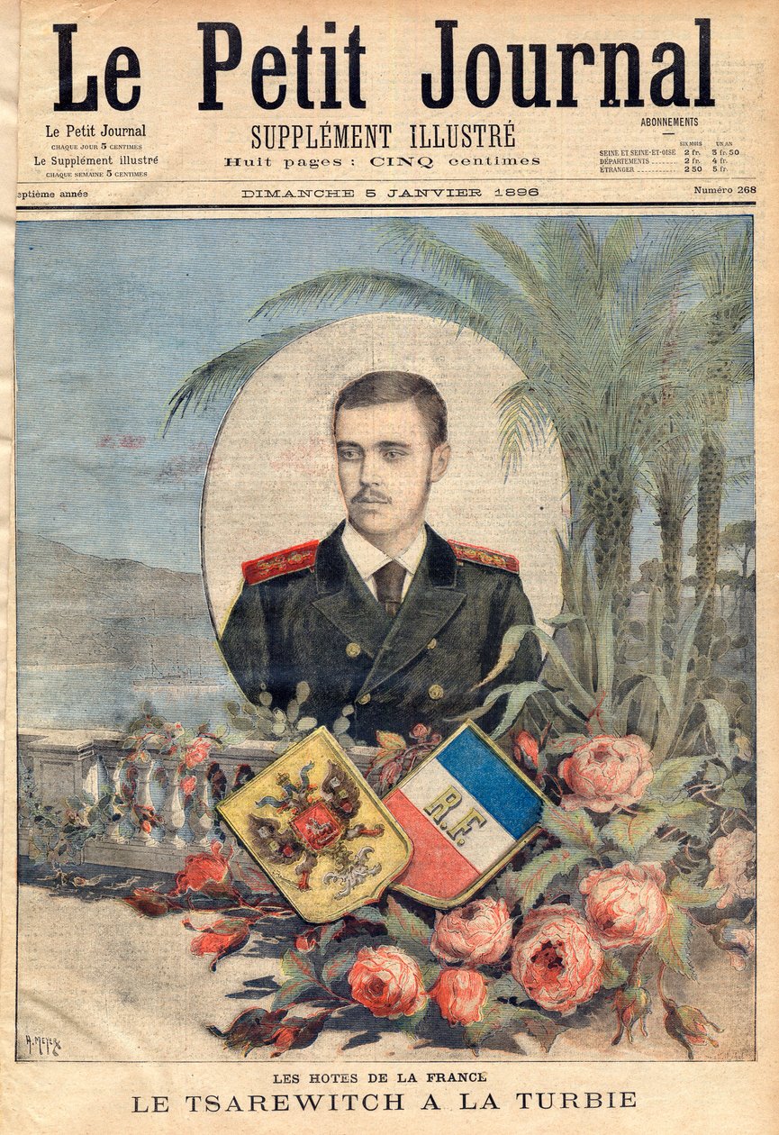 Wielki Książę i rosyjski carewicz Jerzy Aleksandrowicz, brat cara Mikołaja II odwiedzający La Turbie we Francji, „le Petit Journal”, 5 stycznia 1896 r. (rycina) autorstwa French School