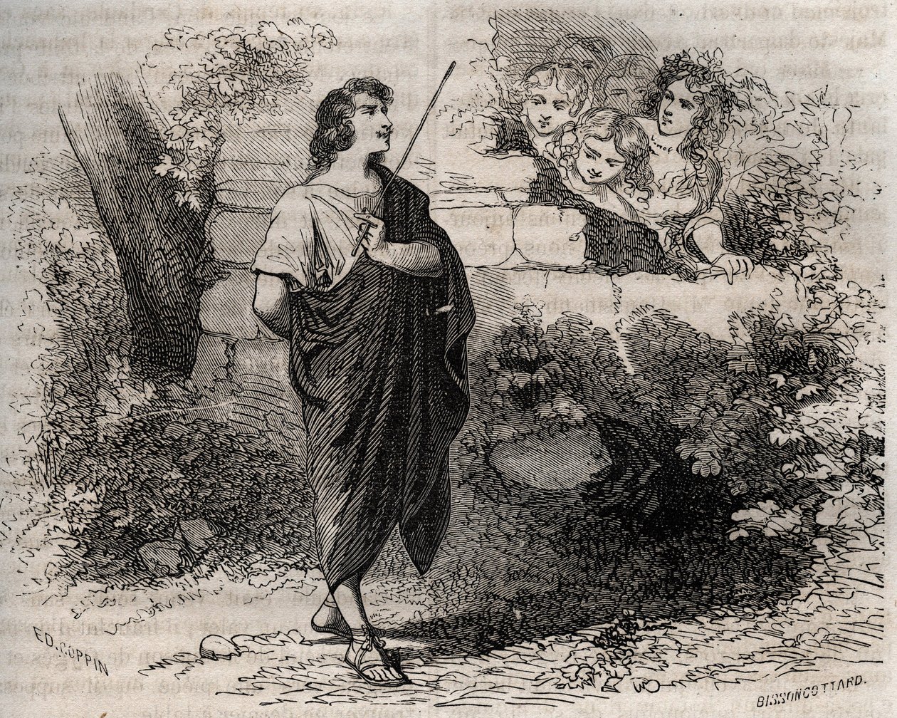 Mitologia grecka: Bacchis i jego przyjaciele próbują uwieść Gygesa, który odmawia i pozostaje wierny swojej zmarłej żonie. Grawer z 1871 r. w „Histoire Des Cocuses Celebres” Henry