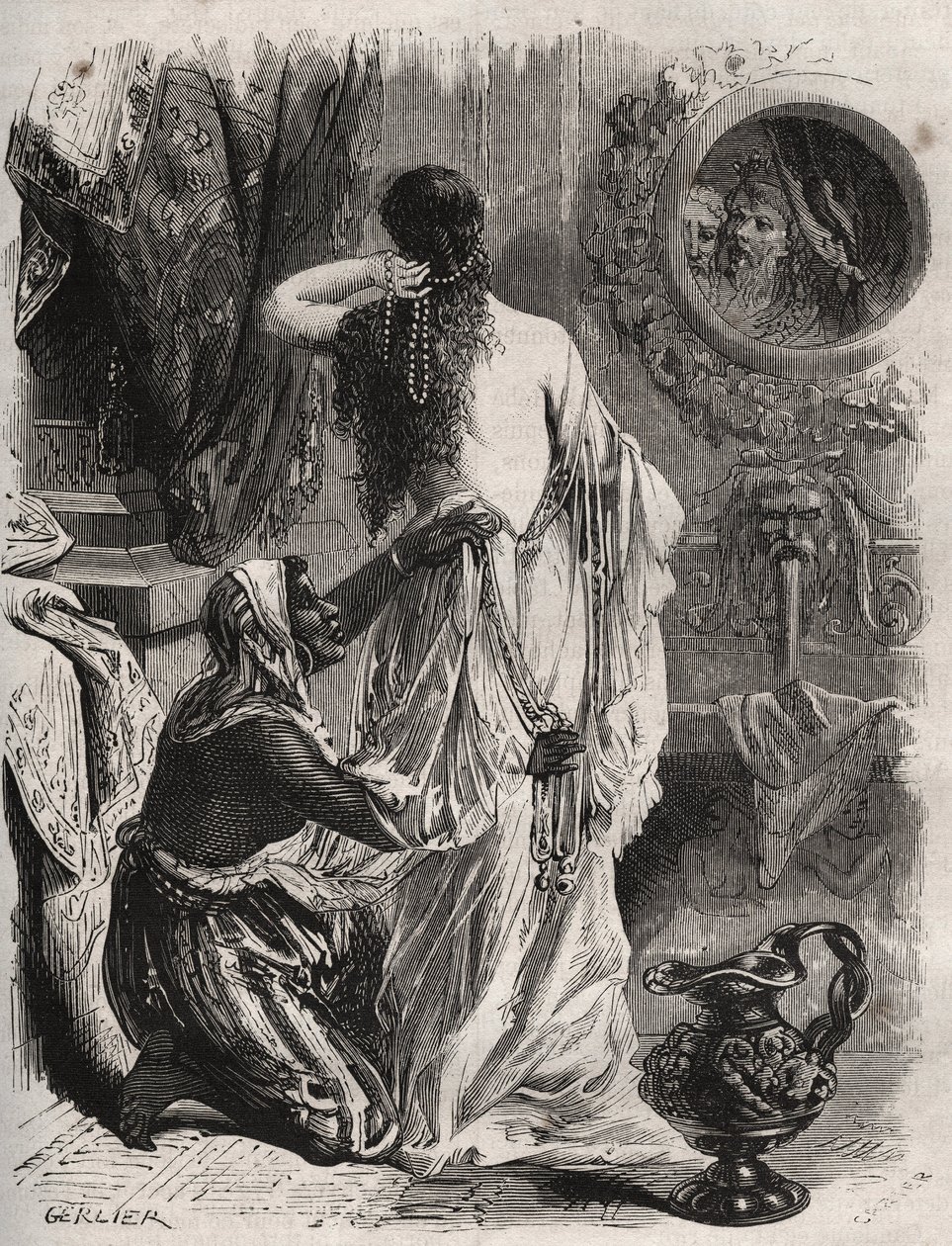 Mitologia grecka: król Lydie Candaule (lub Caudale) pokazuje swoją nagą żonę swojemu powiernikowi Gygesowi, chowa się w cieniu, gdy otwiera się w sypialni. Grawer z 1871 r. w „Histoire Des Cocus Celebres” Henry