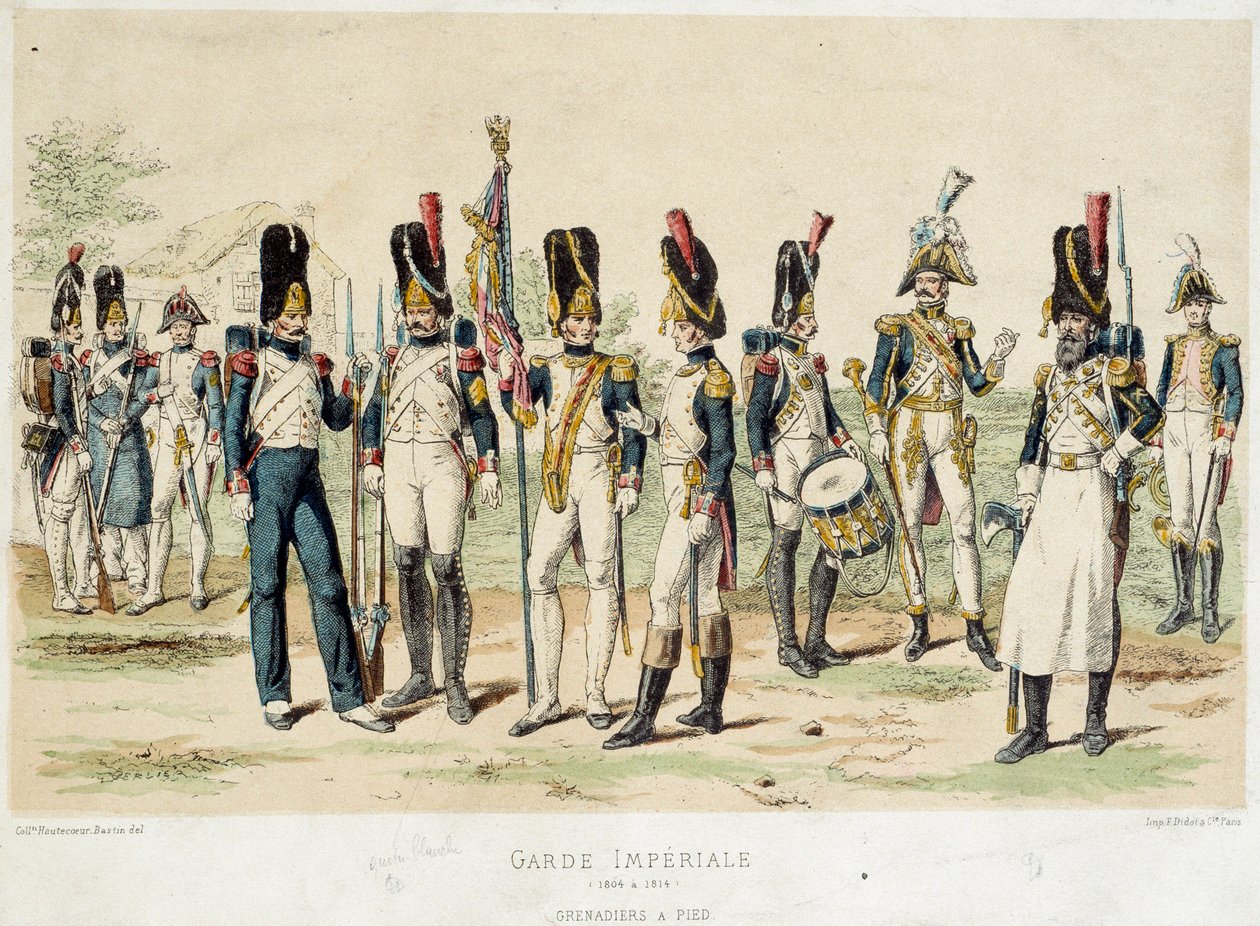 Grenadierzy stopa Gwardii Cesarskiej Napoleona I (w latach 1804-1814). Grawerowanie z XIX wieku. Paryż, Sztuka Dekoracyjna autorstwa French School