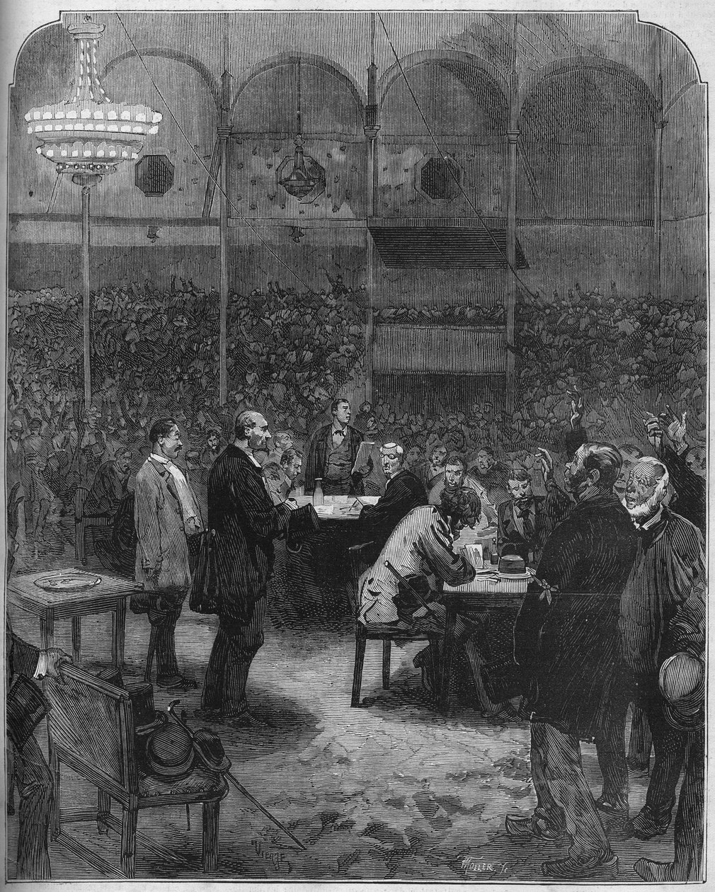 Greve des cochers de charres de Paris w 1878 r.: wybór delegatów do towarzystwa Petites Cars (Petite-Cars) w cyrku Fernando. Grawer w „”Le Monde Illustré””n°1116 z 17 sierpnia 1878 r. autorstwa French School