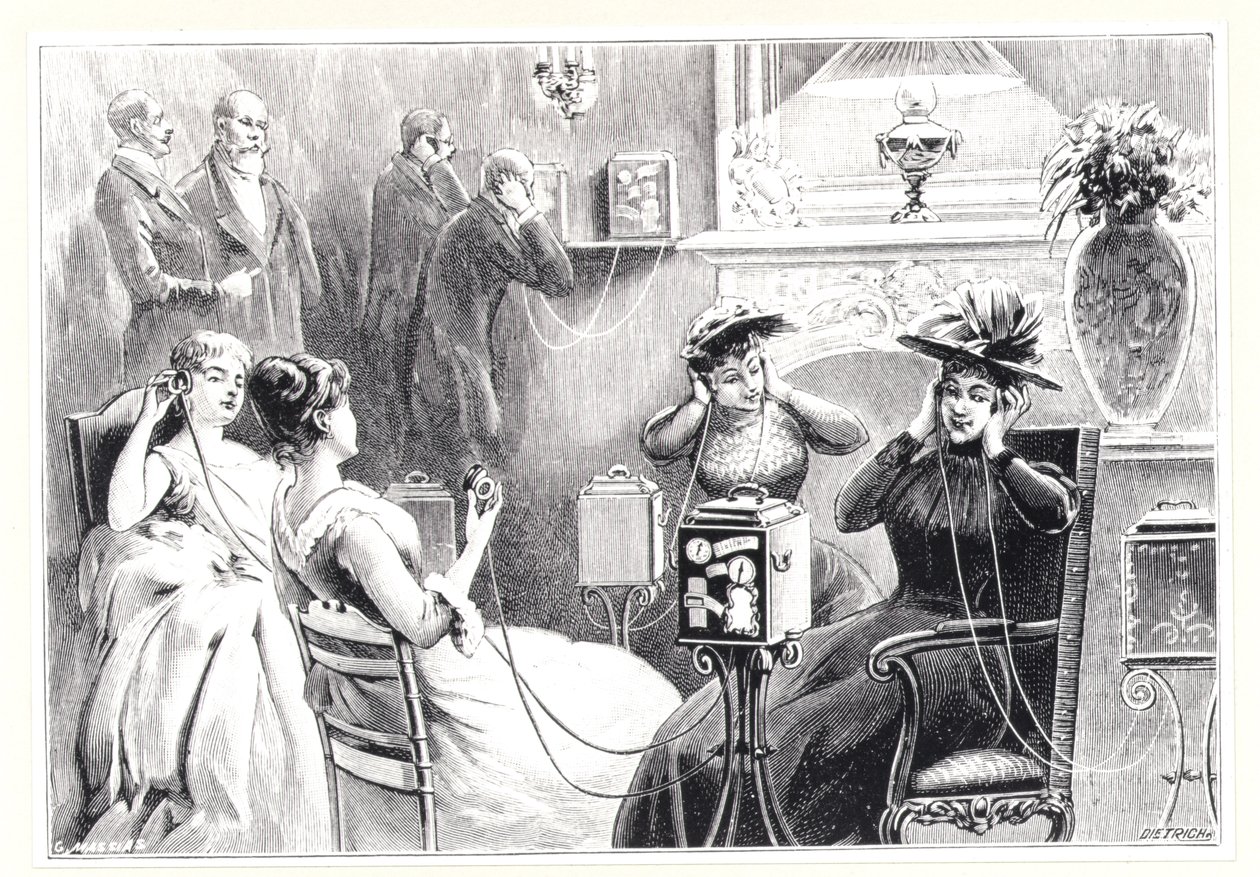 Goście w paryskim hotelu słuchają bezpośrednich przekaźników do spektakli operowych lub teatralnych na Theatrophone Marinovicha i Szarvasa, z La Nature, wydanej w 1892 r. autorstwa French School