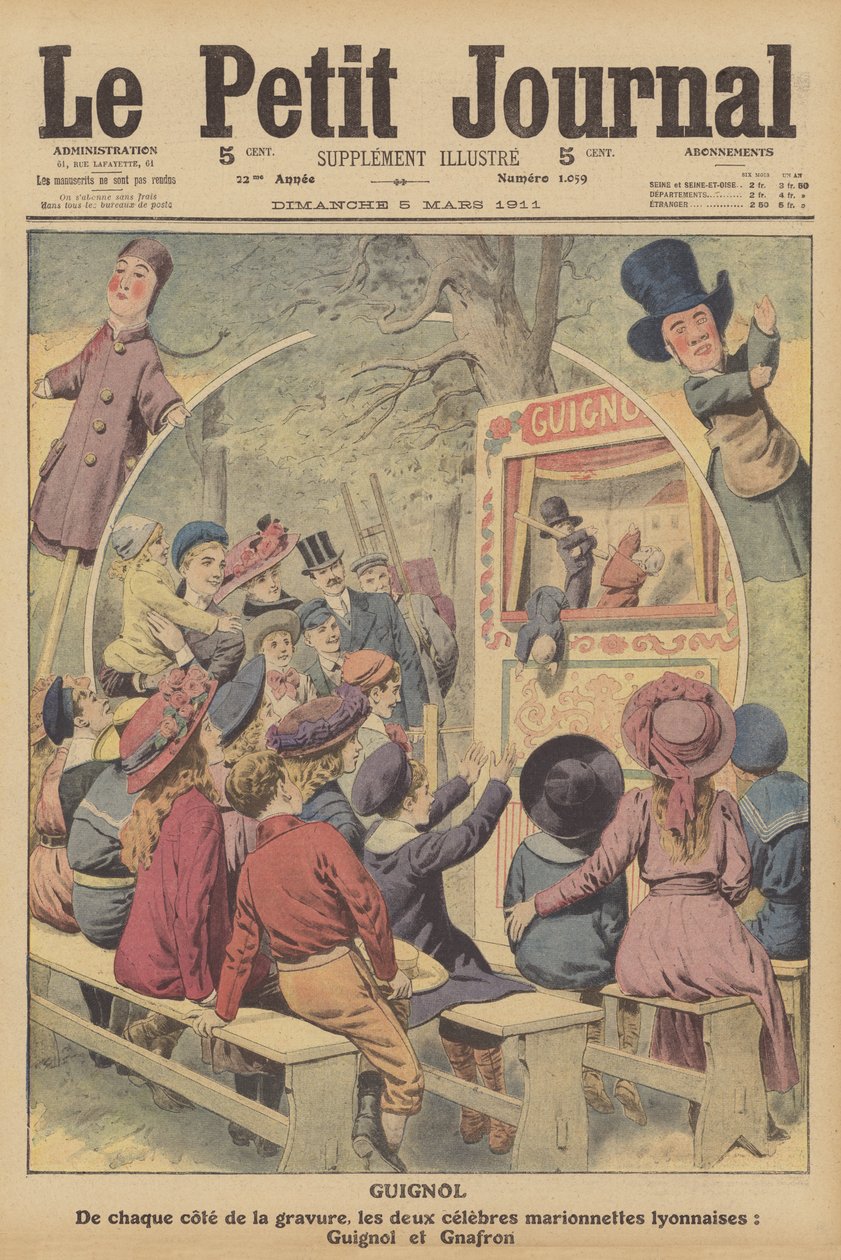 Guignol i Gnafron, słynne francuskie lalki z przedstawienia w Lyonie (kolorowa litografia) autorstwa French School