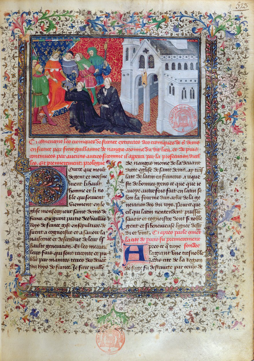 Guillaume de Nangis (zm. 13003) przedstawia swoją książkę Filipowi IV (1268-1314) le Bel, królowi Francji w latach 1285-1314 autorstwa French School