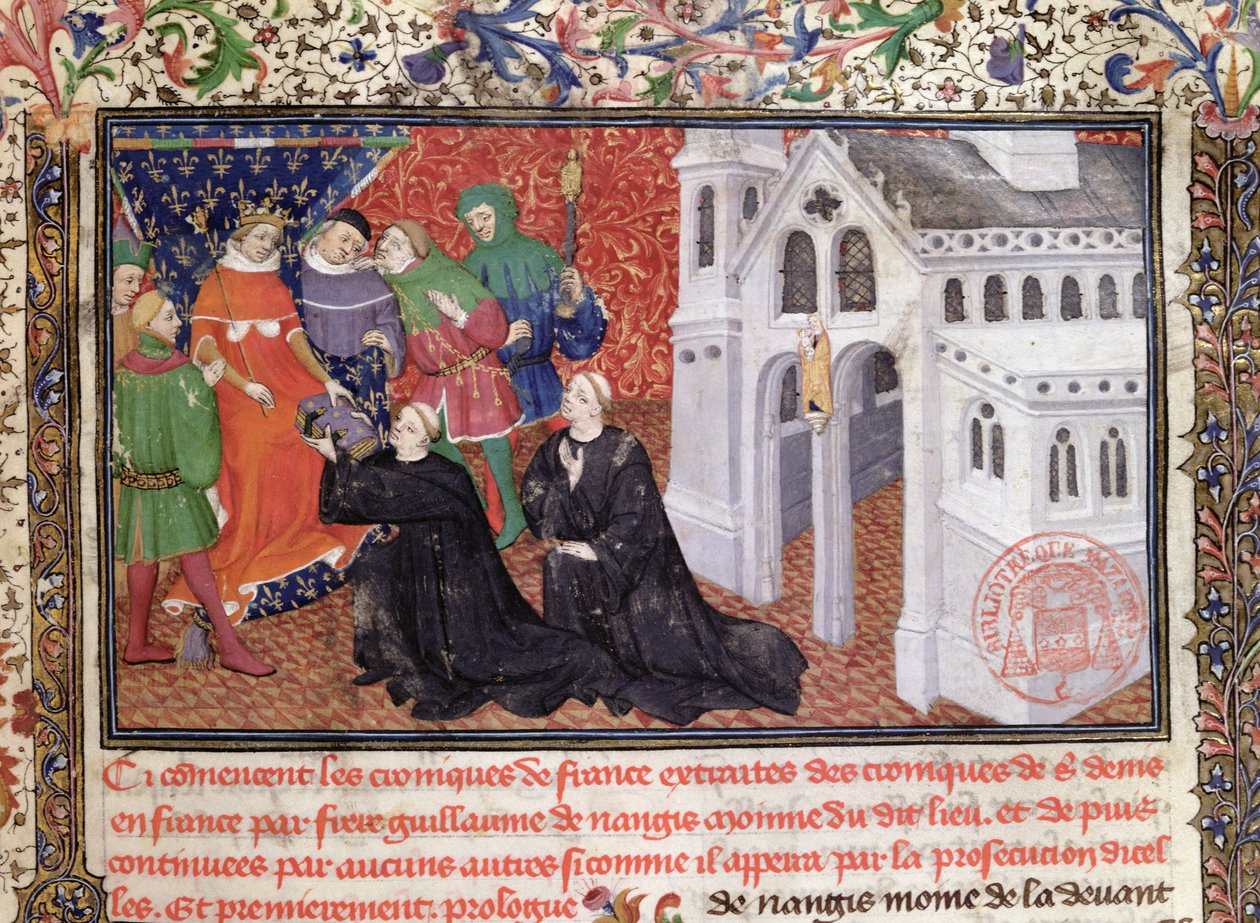 Guillaume de Nangis (zm. 13003) przedstawia swoją książkę Filipowi IV (1268-1314) le Bel, królowi Francji w latach 1285-1314 autorstwa French School