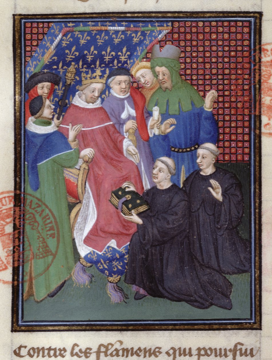 Guillaume de Nangis (zm. 1300 lub 1303) przedstawia swoją książkę Filipowi IV le Bel, królowi Francji w latach 1285-1314 (welum) (detal z 239257) autorstwa French School