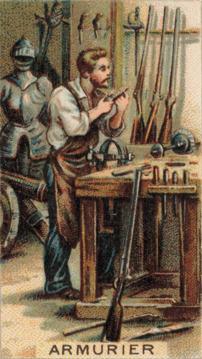 Rusznikarz przy pracy w swoim warsztacie (chromolit) autorstwa French School