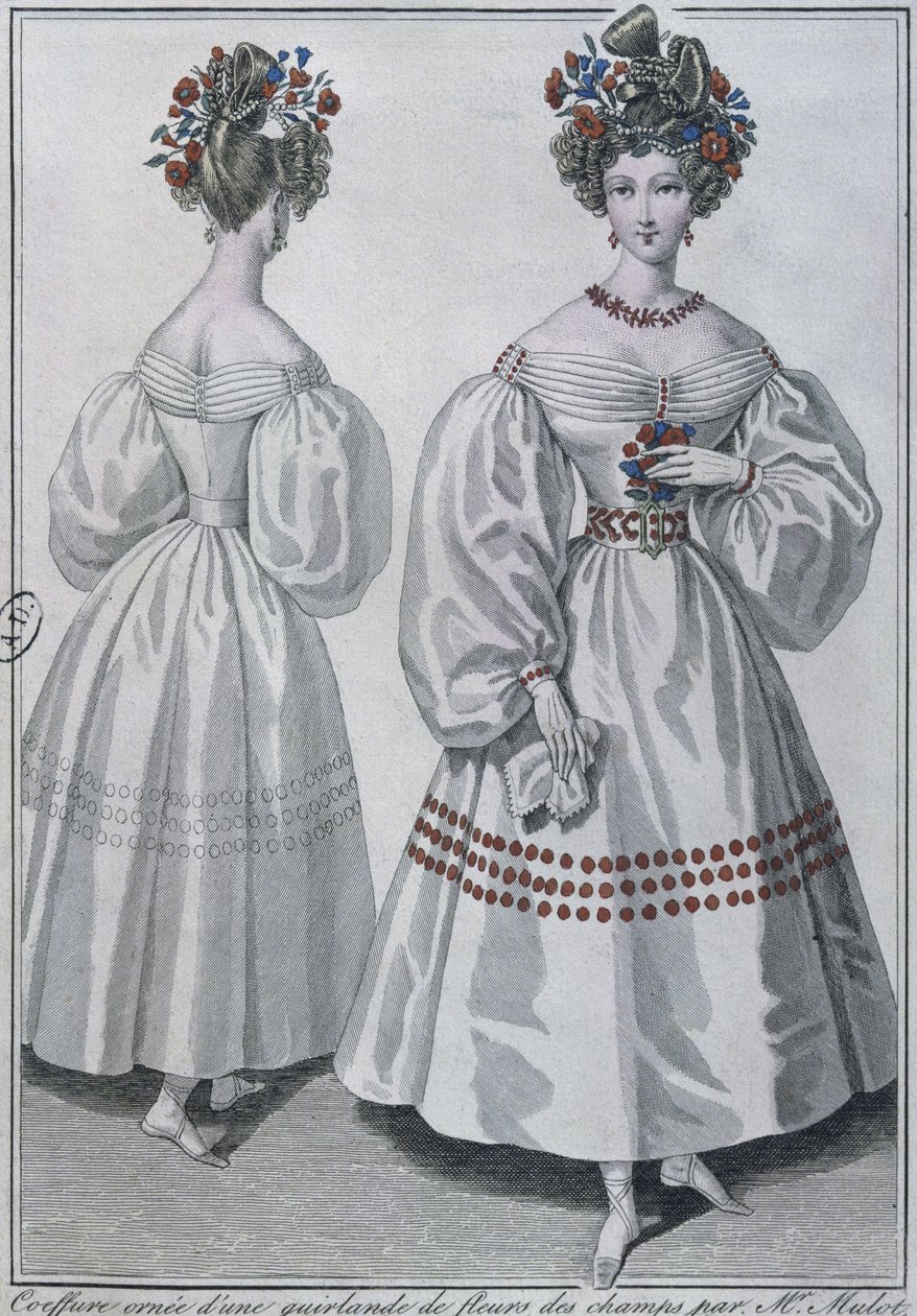 Fryzura z girlandą polnych kwiatów, Paryż, 1829 (kolor grawer) autorstwa French School