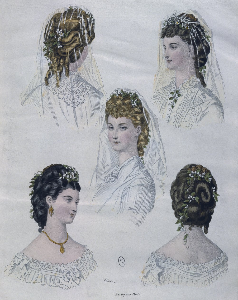 Fryzury, ilustracja z La Mode illustree, 1872 (kolorowe grawerowanie) autorstwa French School