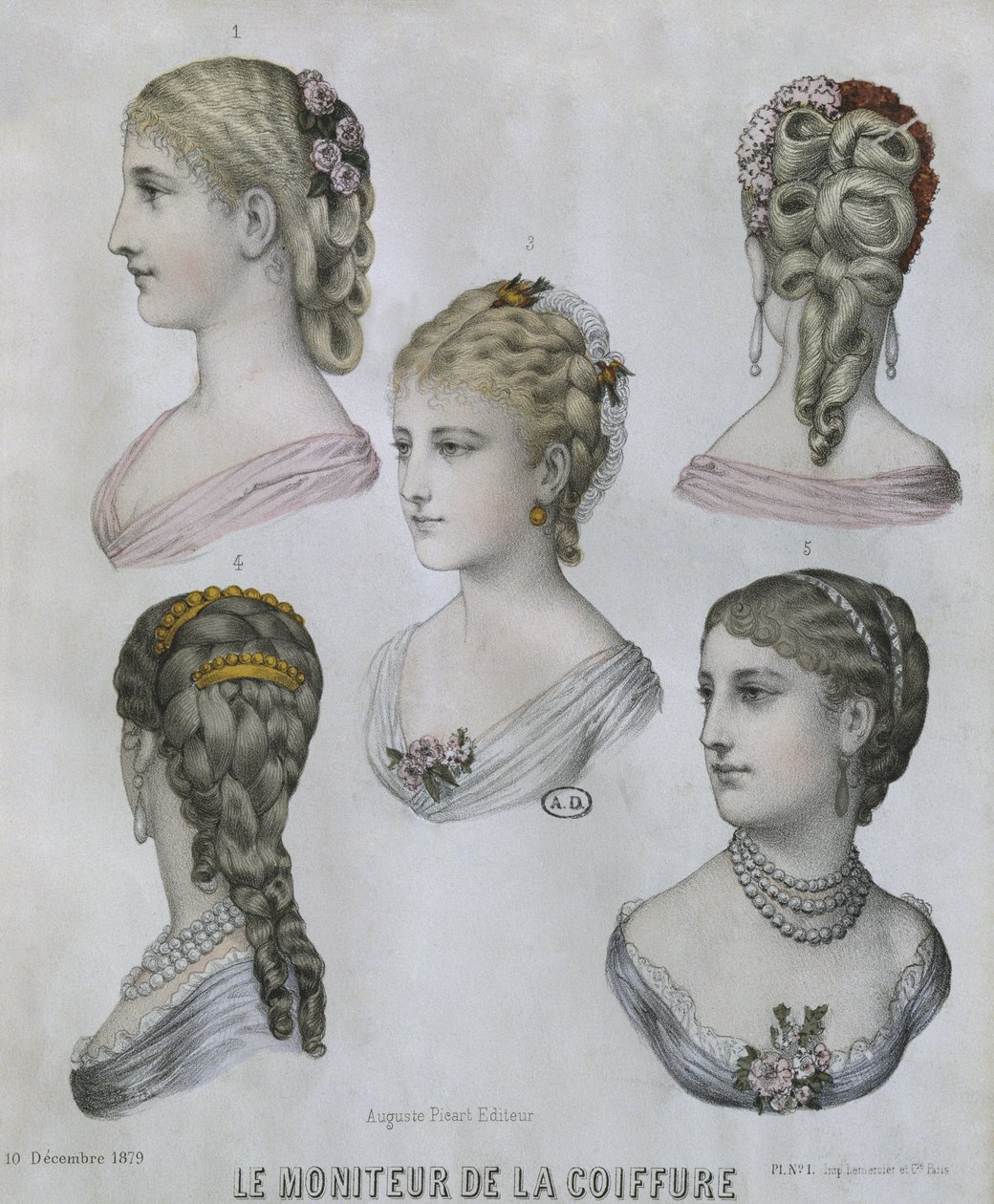 Fryzury, ilustracja z Le Moniteur de la Coiffure, 10.12.1879 (kolor grawerowany) autorstwa French School