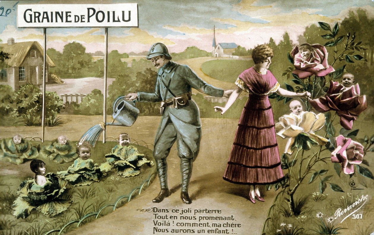 Hairy Seed: Na tej uroczej podłodze Podczas spaceru, proszę bardzo! jak moi drodzy będziemy mieli dziecko - Pocztówka w dniu urodzenia, t. 1914 autorstwa French School