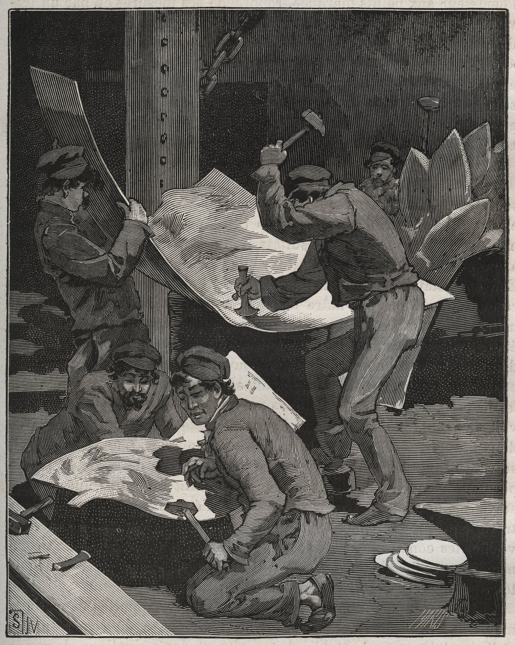 Wbijanie i składanie elementów Statuy Wolności wykonanej przez Fryderyka Auguste Bartholdi (1834-1905). Grawer z 1880 roku w „Les arts et metiers illustres” Adolphe BITARD. autorstwa French School