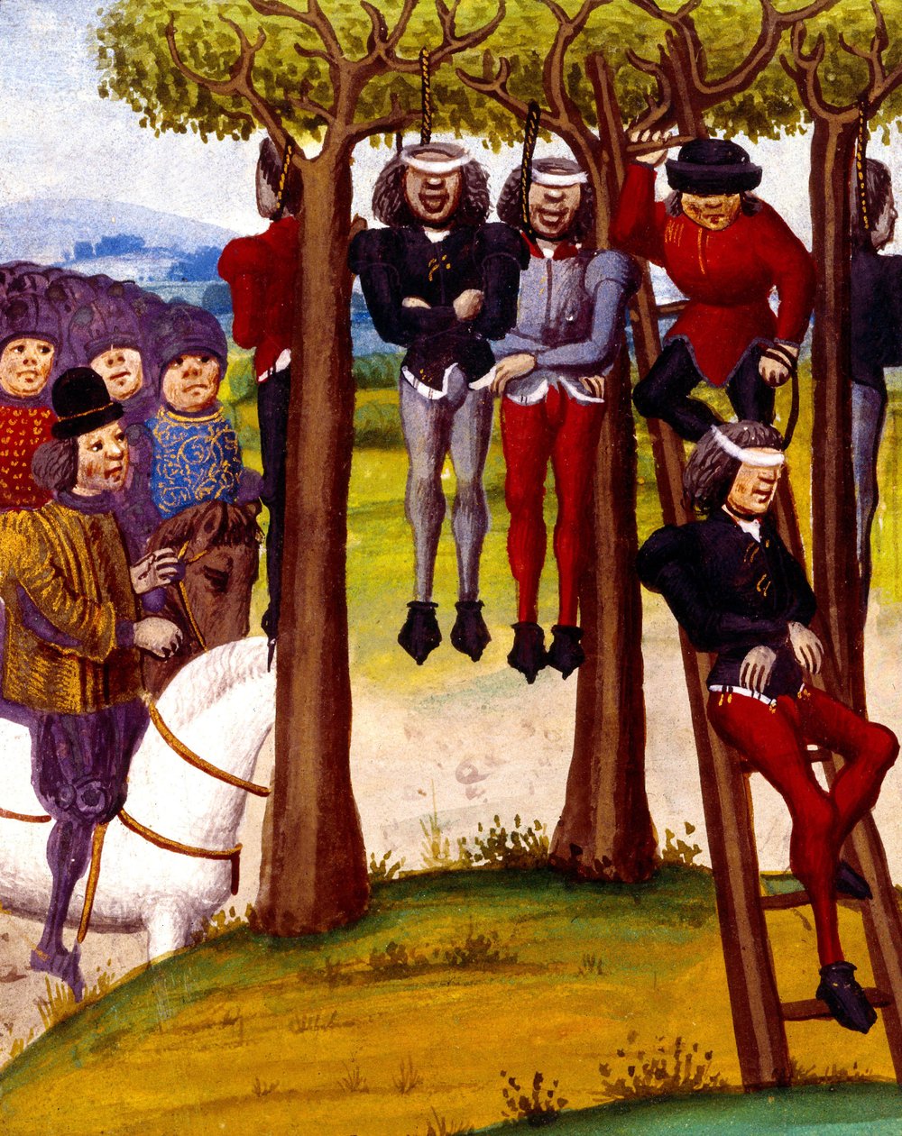 Powieszenie chłopów w 1422 r., Ilustracja z „Kronik Monstreleta” autorstwa French School