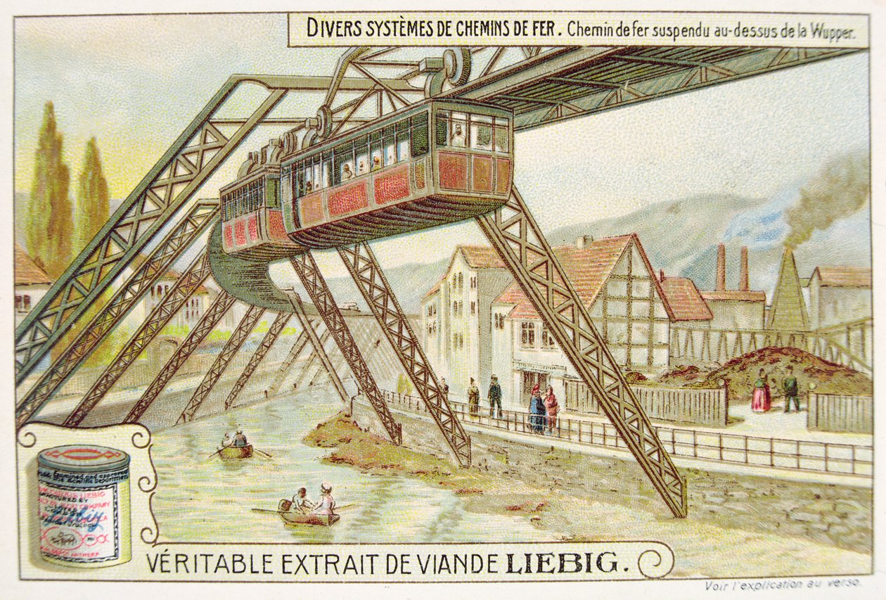 Wiszący pociąg na rzece Wupper, promocyjna karta reklamowa dla Veritable Extrait de Viande Liebig autorstwa French School