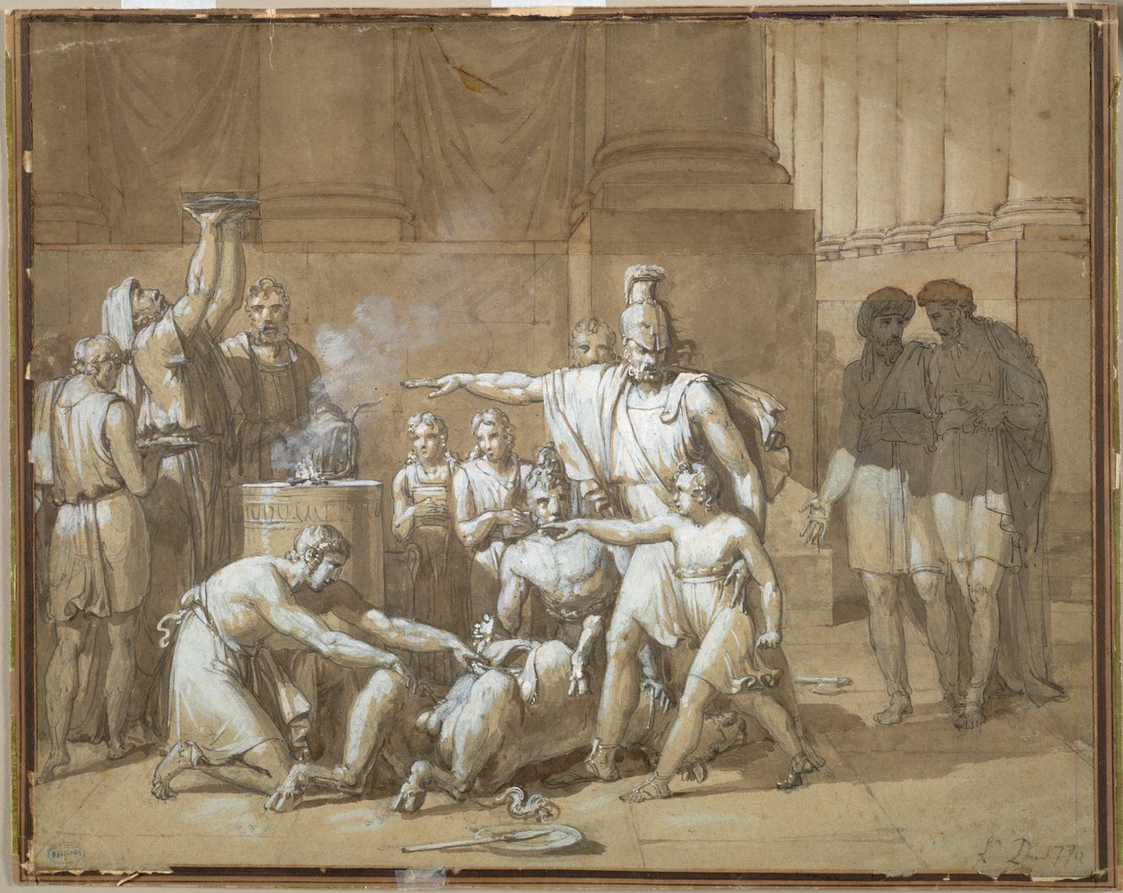 Hannibal przysięgający wieczną wrogość Rzymowi, ok. 1808 (pióro i tusz z grafitem) autorstwa French School