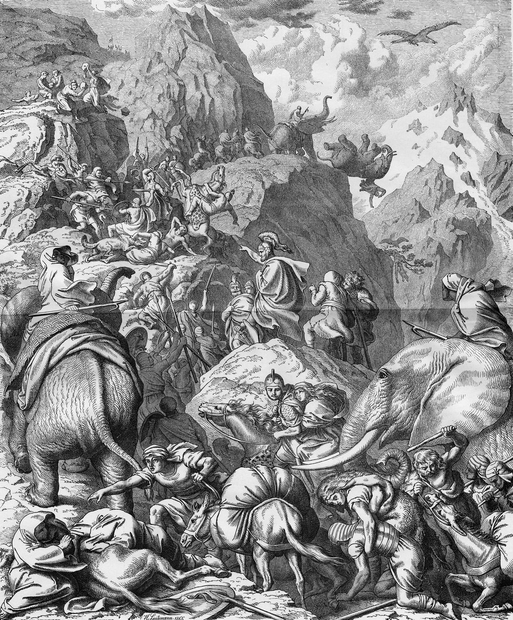 Hannibal przekraczający Alpy ze słoniami, by dotrzeć do Włoch (II wojna punicka). Rycina XIX wieku. autorstwa French School