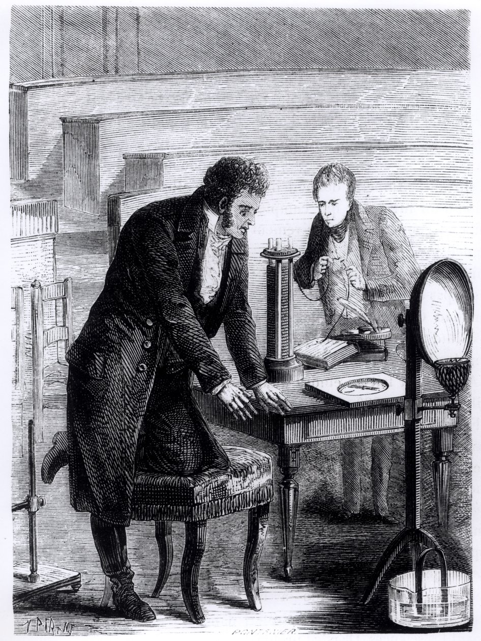 Hans Christian Oersted (1777-1851) odkrywa odchylenie igły magnetycznej przez prąd zamknięty w 1820, z Les Merveilles de la Science Louisa Figuiera (1819-94), 1867 autorstwa French School