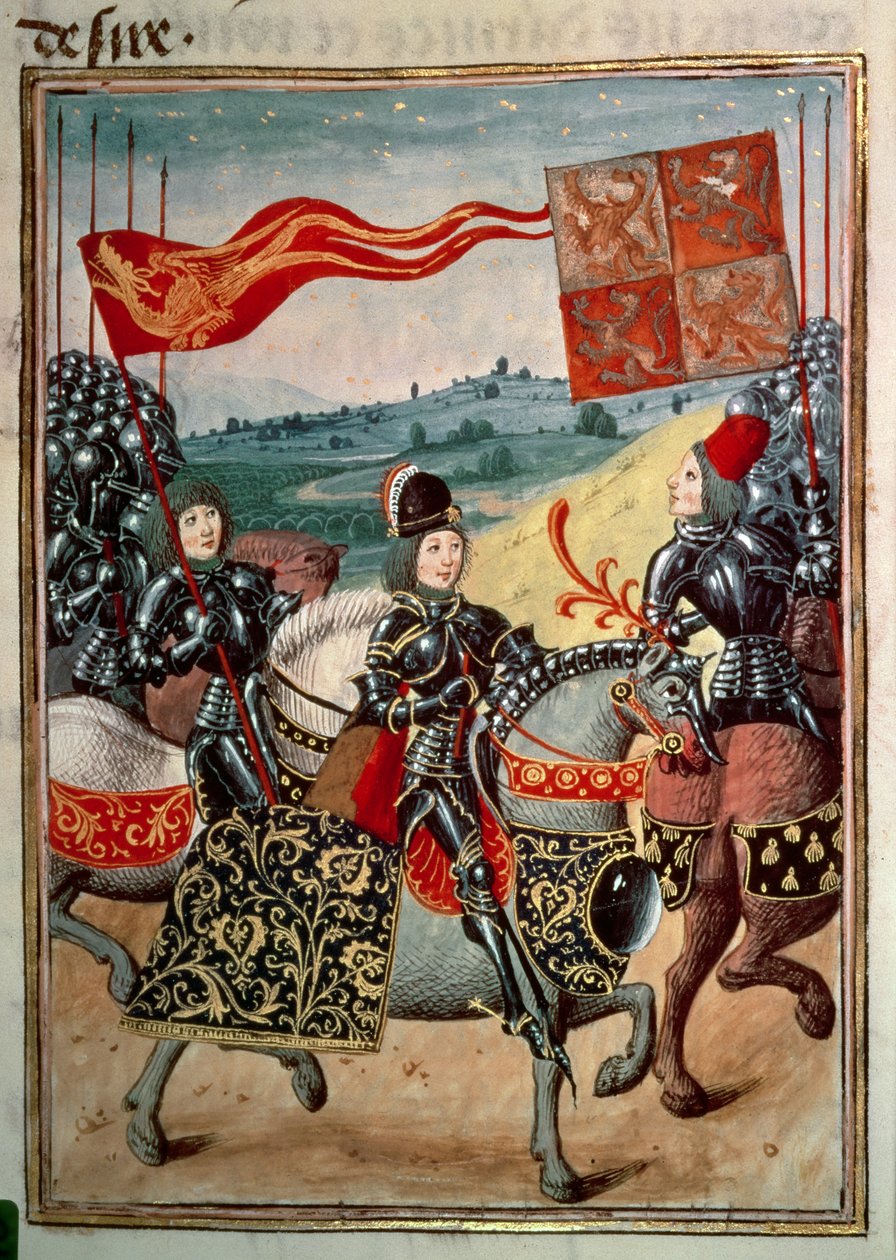 Harl 4379 f. 113 Rycerz i dwóch towarzyszy konnych z armią, tom IV, z „Kroniki Froissarta” (welin) autorstwa French School