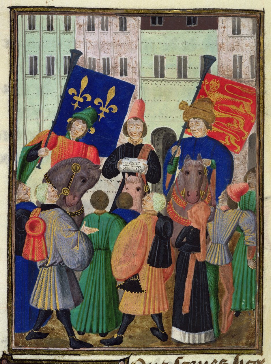 Harl 4379 f.182v Ogłoszenie rozejmu między Anglią a Francją autorstwa French School