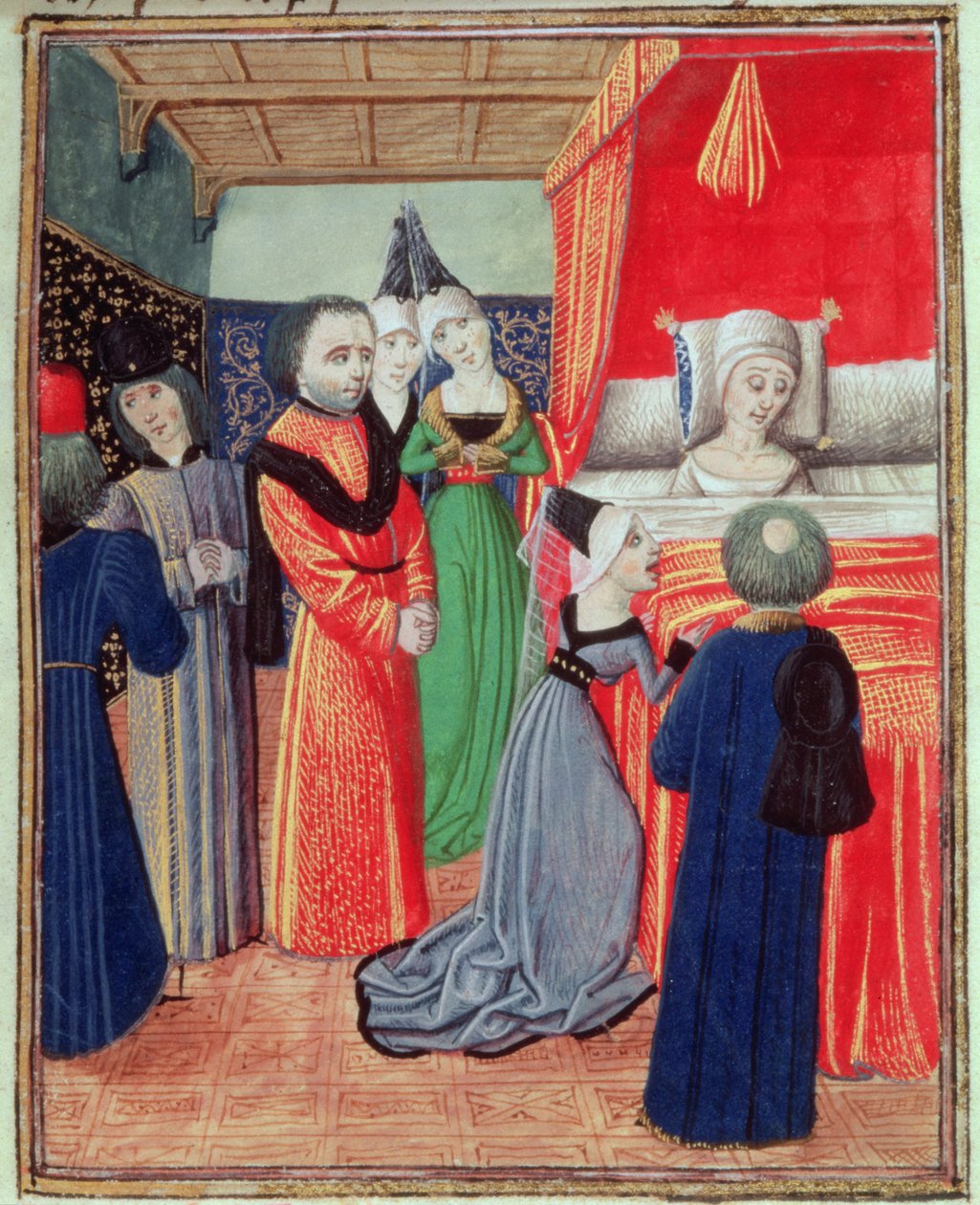 Harl 4380 f.22 Śmierć królowej Anny Czeskiej, żony Ryszarda II, spowodowana przez zarazę, z Kroniki Froissarta, tom IV (wellum) autorstwa French School