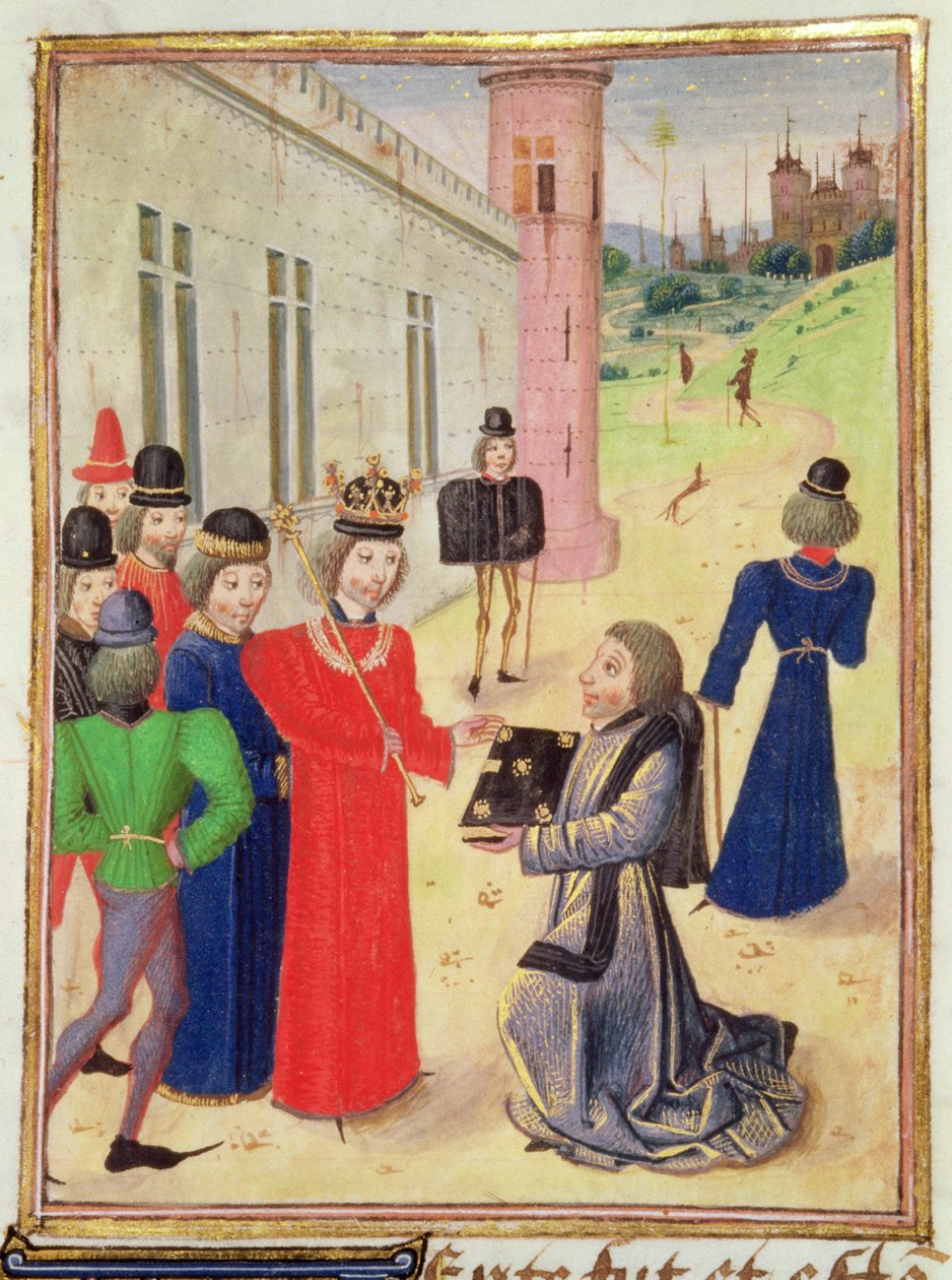 Harl 4380 f.233v Froissart przedstawia swoją książkę Ryszardowi II, z Kroniki Froissarta, tom IV (welum) autorstwa French School