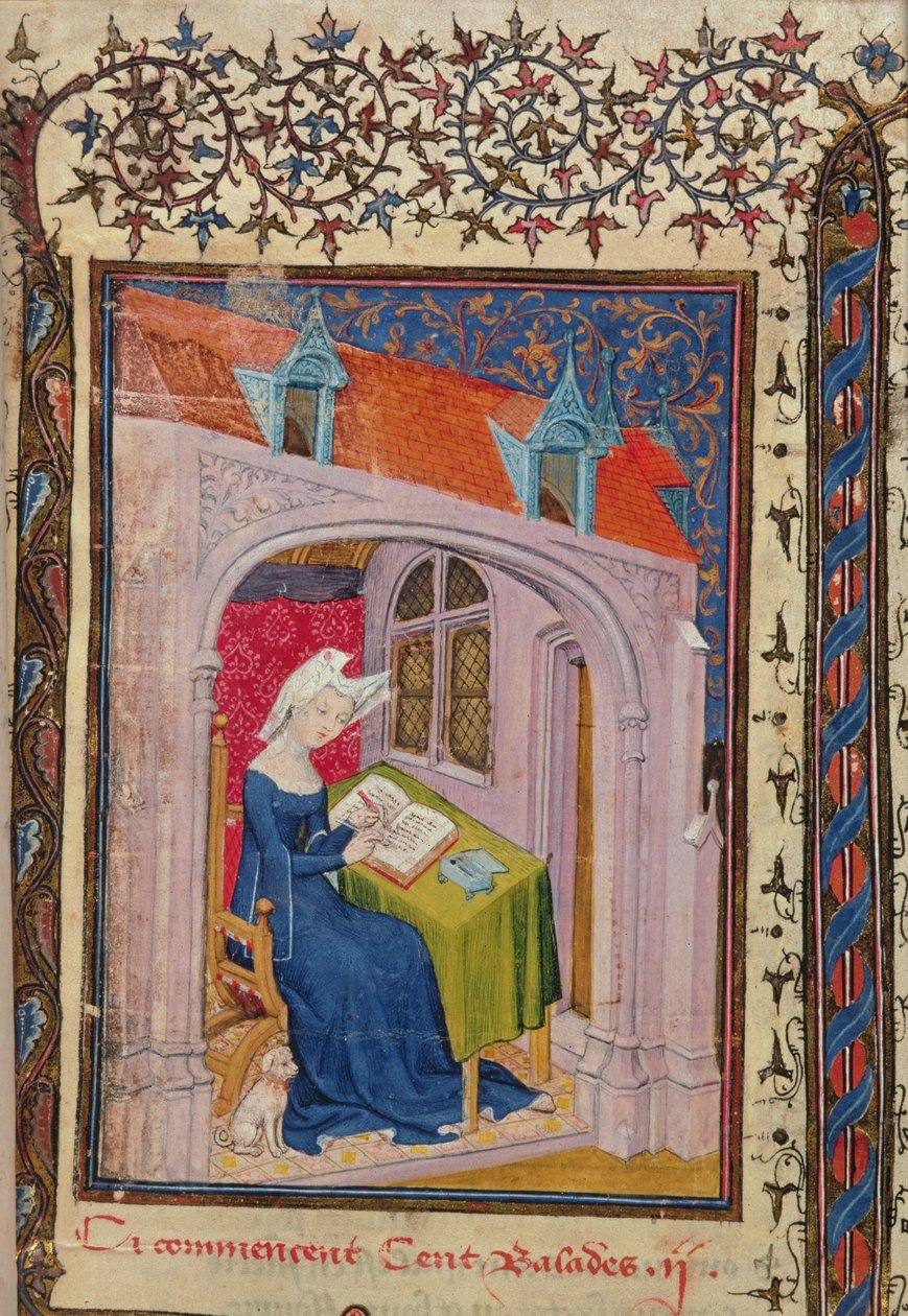 Harl 4431 f.4 Christine de Pisan pisząca przy swoim biurku, z „Dzieła Christine de Pisan”, kopia paryska, c.1410-15 (welum) autorstwa French School