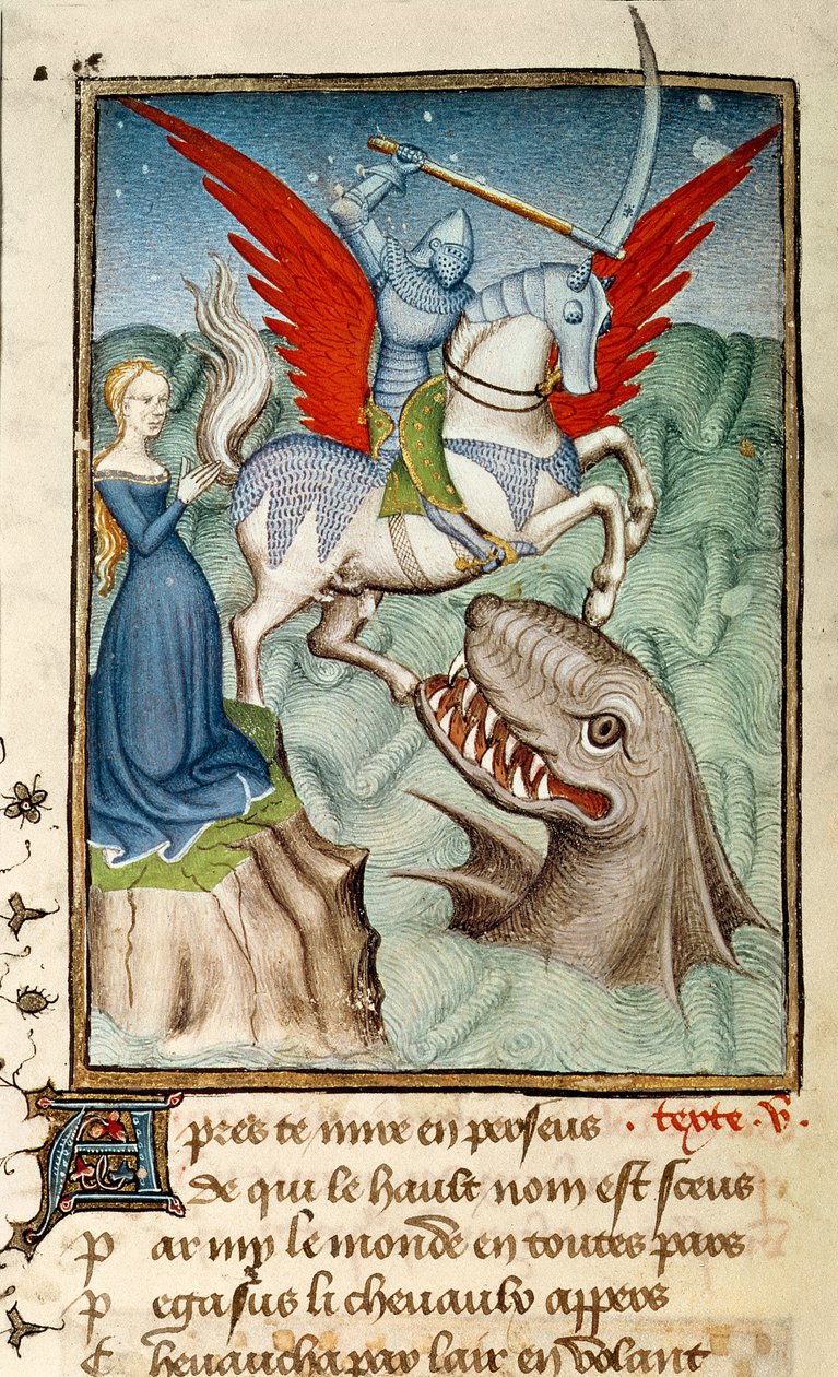 Harl 4431 fa. 98v Andromeda uratowana przed potworem przez Perseusza dosiadającego Pegaza, kopia paryska, c.1410-11 (wellum) autorstwa French School