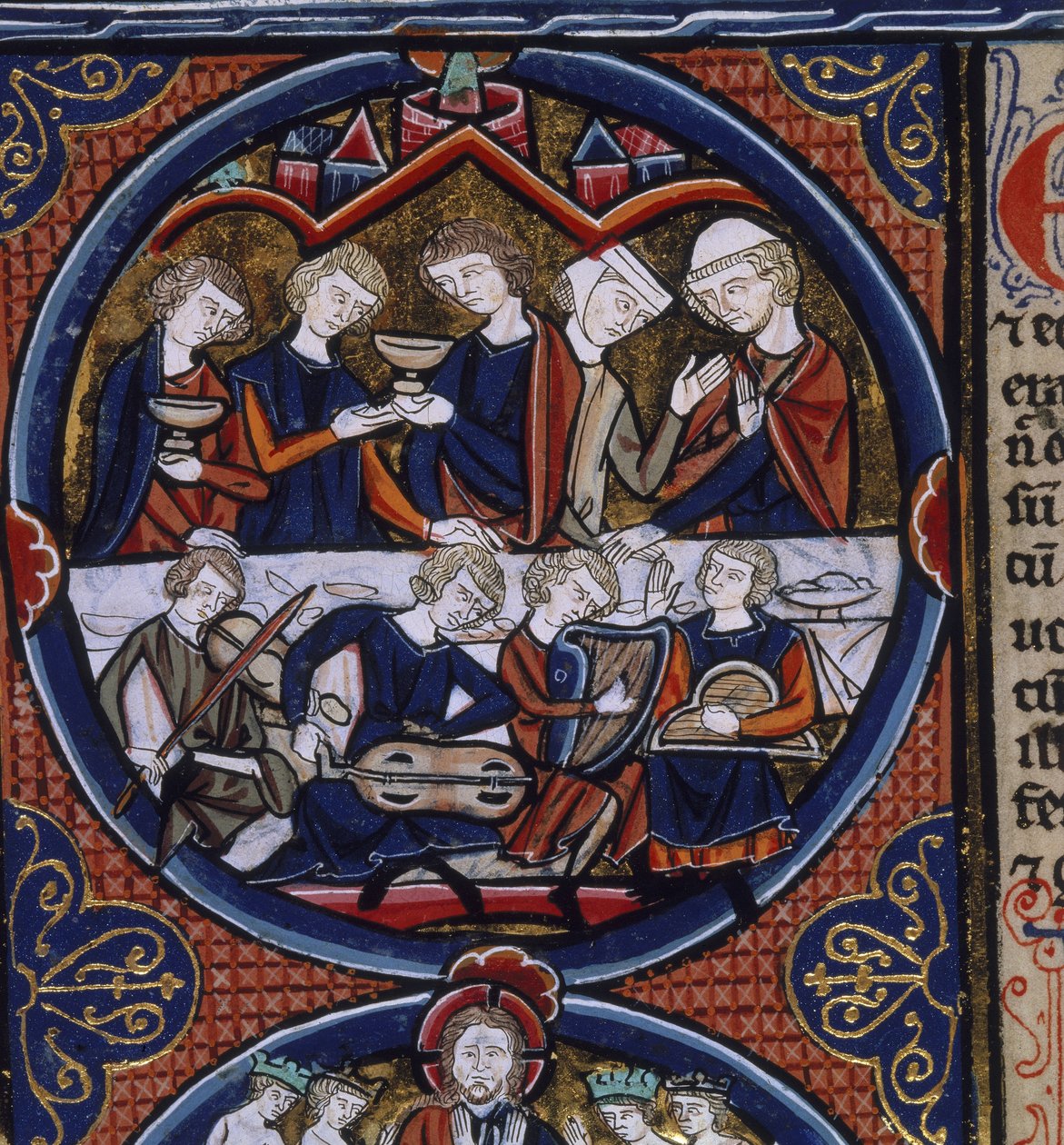 Harley 1527 fol.36v Bankiet z muzykami, z "Biblii Moralisee", Paryż, ok. 1240 (welum) autorstwa French School