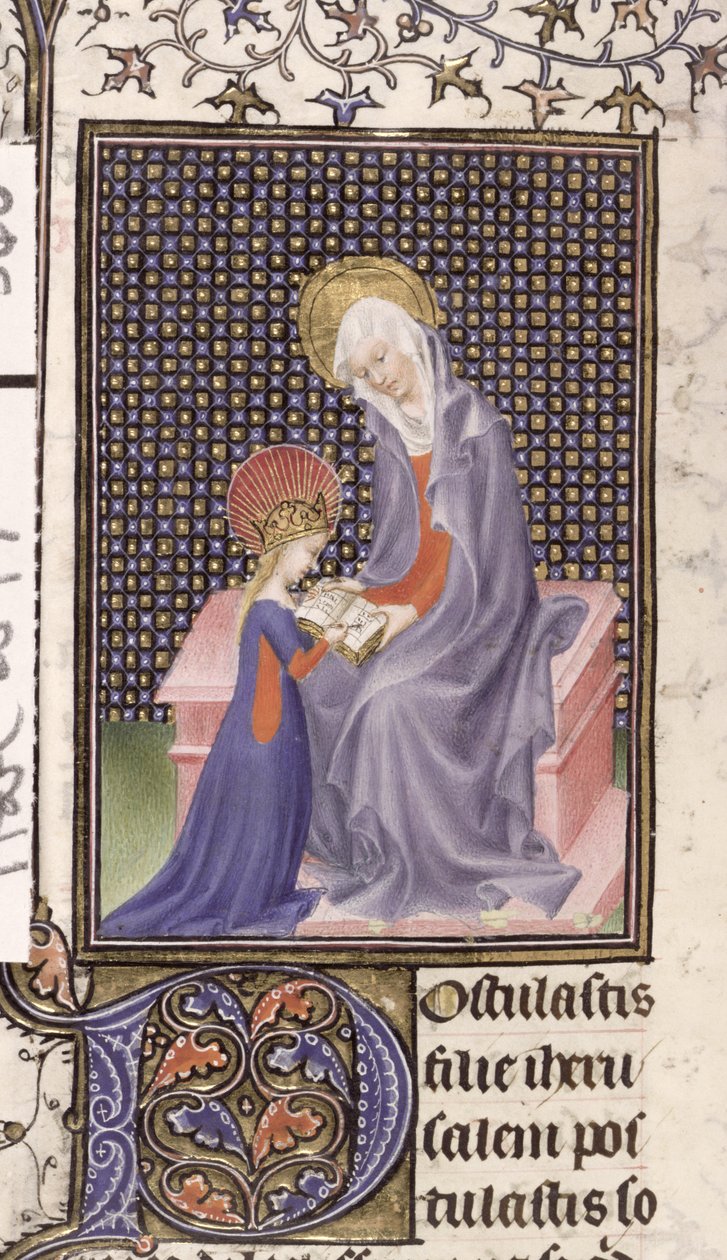 Harley 2897, f.340v: Św. Anne ucząca Dziewicy, napisana i iluminowana w Paryżu (welin) autorstwa French School