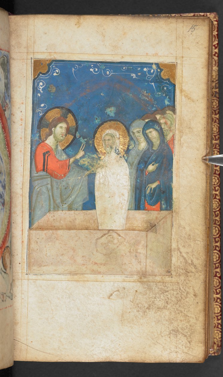 Harley 2928, f.15r, Wskrzeszenie Łazarza, Scena z Ewangelii św. Jana (welum) autorstwa French School