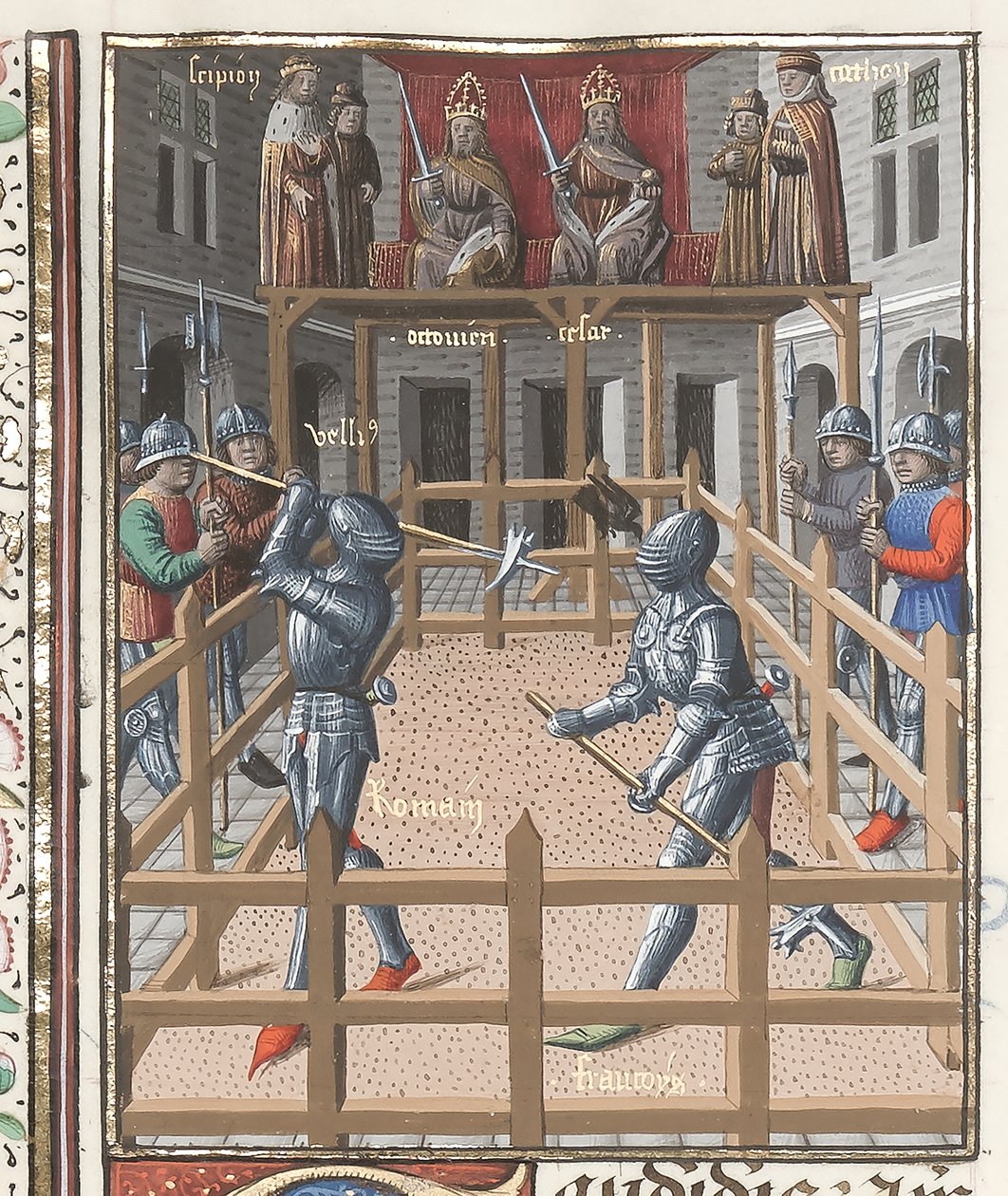 Harley 4375 f.171v, Dwóch rycerzy walczących z mintajami, z „Valerius Maximus”, ok.1473-80 (welum) autorstwa French School