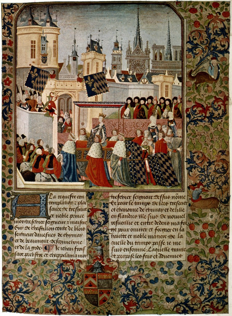 Harley 4379 f.3 Wjazd królowej Izabeli, zerwanej małżonki Edwarda II (1284-1327) do Paryża w 1325, dokonany przez Jeana Froissart (ok.1333-c.1404) dla historyka Philippe de Comines (1445-1509) ( welinowy) autorstwa French School
