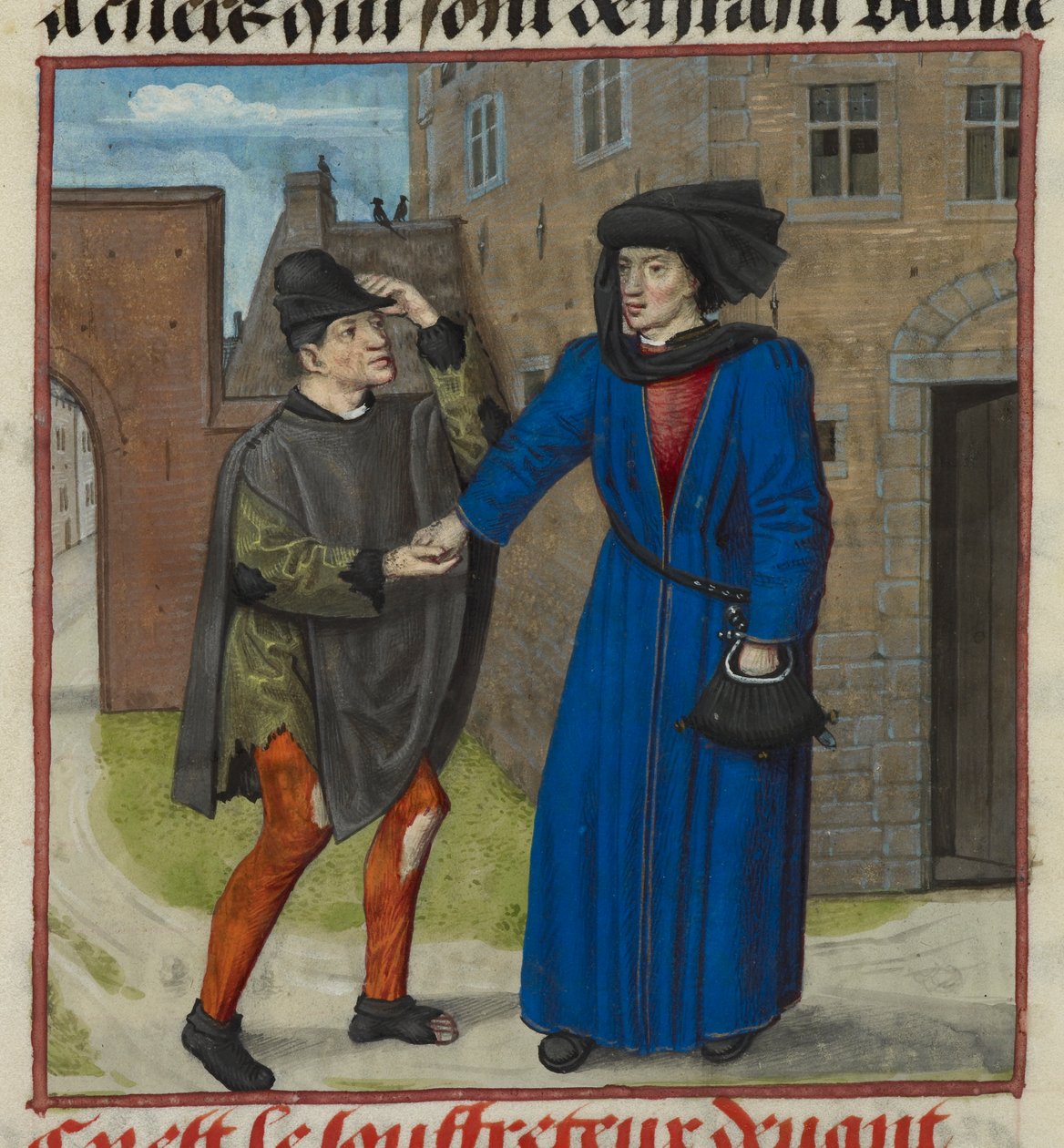 Harley 4425 f.47v Fragment miniatury cierpiącego, któremu jego prawdziwy przyjaciel podarował pieniądze, z Roman de la Rose, ok. 1490-1500 (welum) autorstwa French School