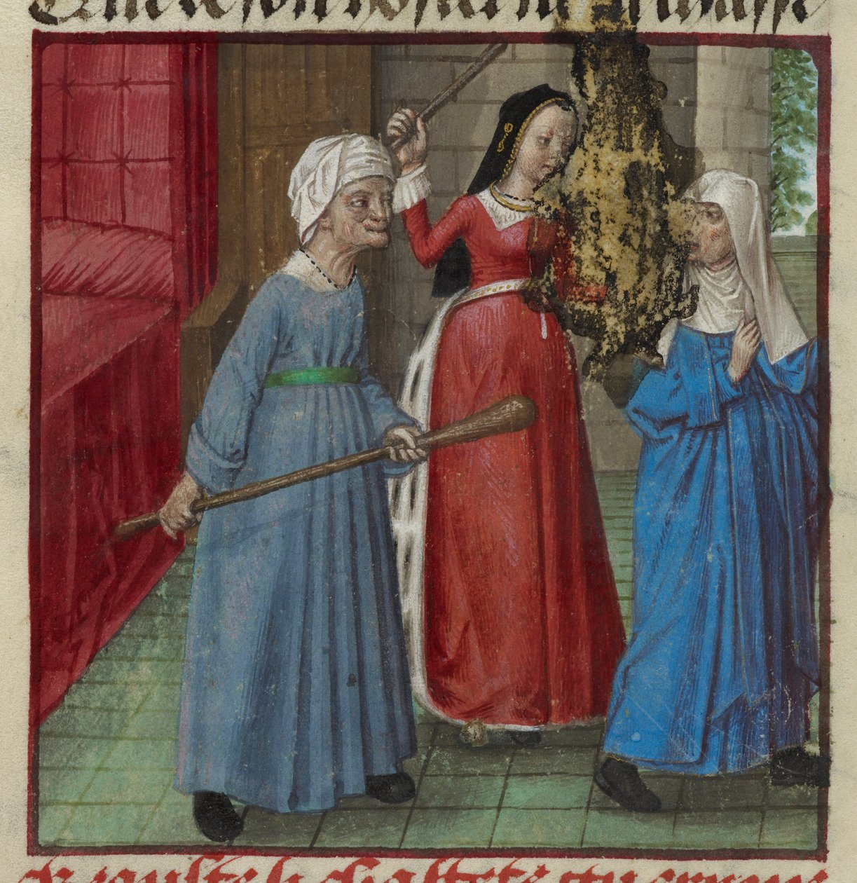 Harley 4425 fol.81v Miniatura Beaute (Piękna) i Laideur (Brzydota) walcząca z Chastete (Czystość) z Roman de la Rose, ok. 1490-1500 (welum) autorstwa French School