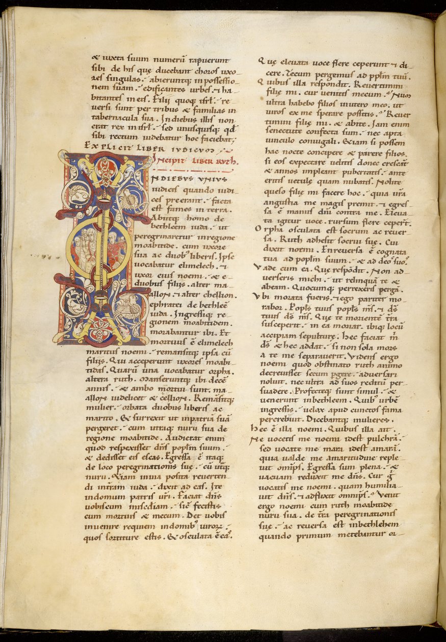 Harley 4772 f.120v Pierwsza strona z Księgi Rut, „Biblia Montpelier” (tusz i kolor na pergaminie) autorstwa French School