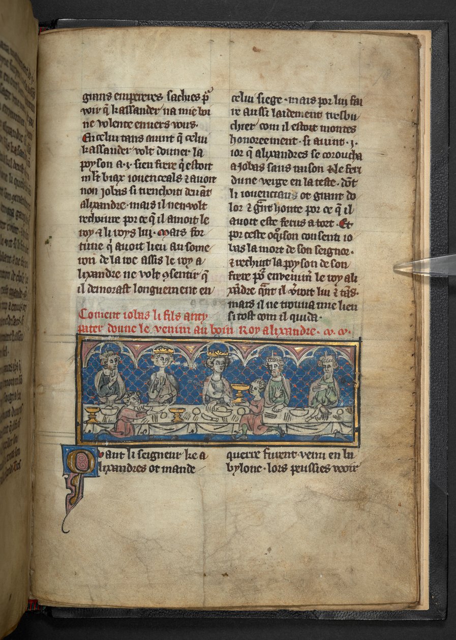 Harley 4979, f.78 Aleksander otrzymuje truciznę od Jobasa podczas uczty.  , z „Roman d