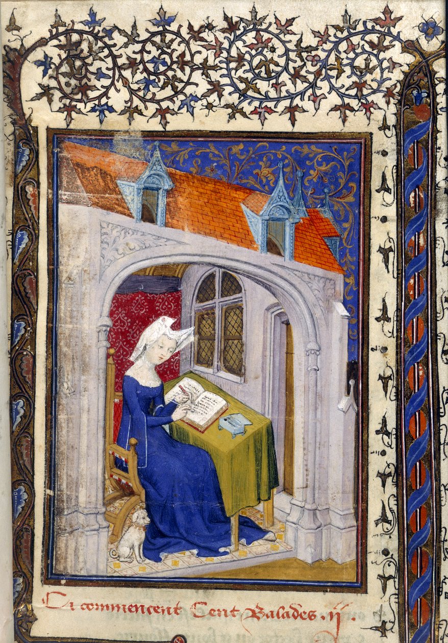 Harley MS 4431 f.004r Fragment miniatury Christine de Pizan w jej gabinecie na początku „Balady Centa”, ok. 1410-14 (tusz i kolor na pergaminie) autorstwa French School