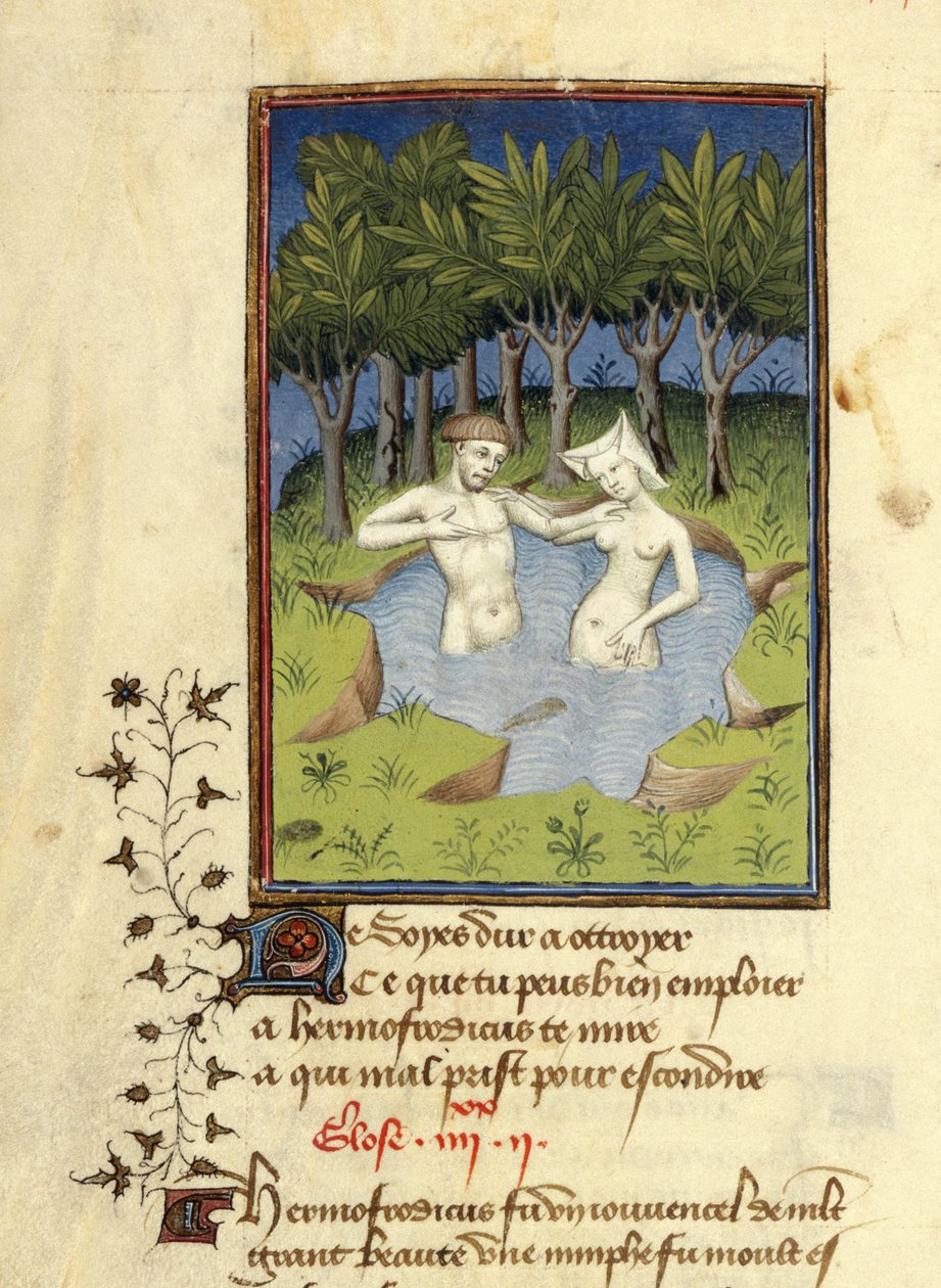 Harley MS 4431, f.132v, Miniatura Hermafrodyta i nimfy Salmacis kąpiącej się w jeziorze, z „L