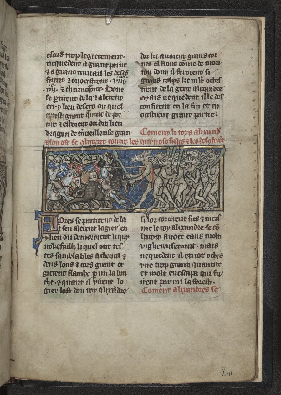 Harley MS 4979 f.72r Alexander walczący z mężczyznami z głowami koni, z 