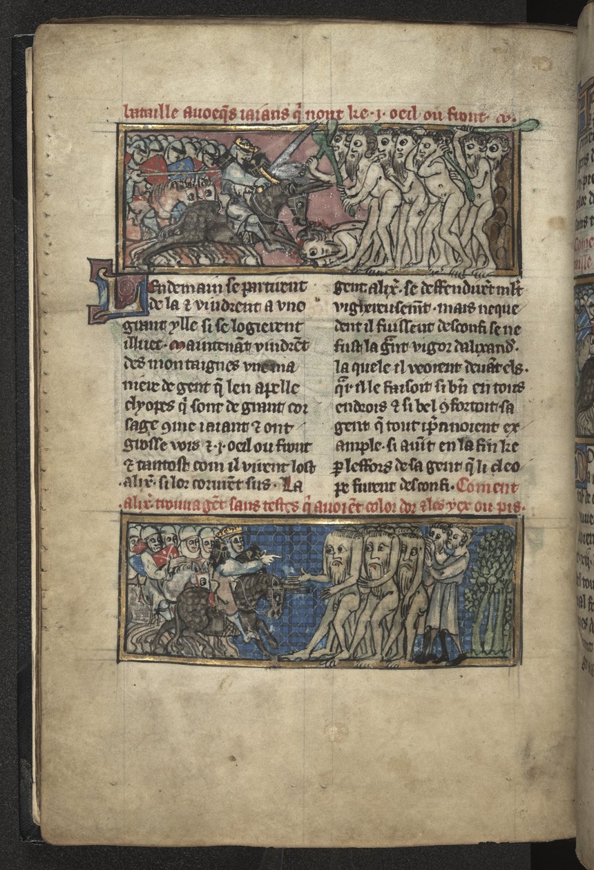 Harley MS 4979 f.72v Alexander walczący z Cyklopami; Aleksander walczący z grupą blemmów, z „Roman d